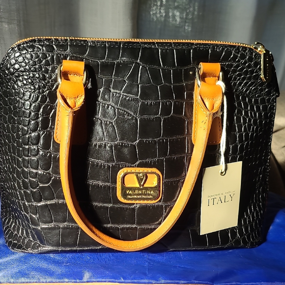 Valentina Black Croc-Embossed Satchel with Tan Straps